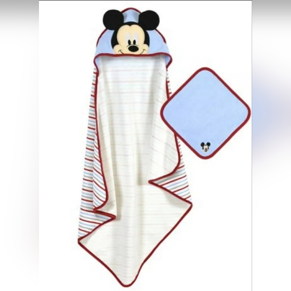 2 PIECE DISNEY BABY MICKEY MOUSE 3D EARS HOODED TOWEL & BONUS WASHCLOTH BATH SET